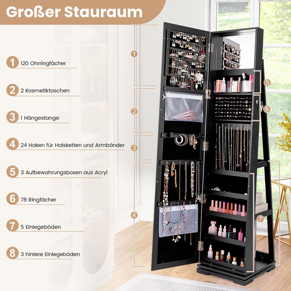 SCHMUCKSCHRANK 161cm Schwarz - Schwarz, Holz (39/161/39cm) - COSTWAY