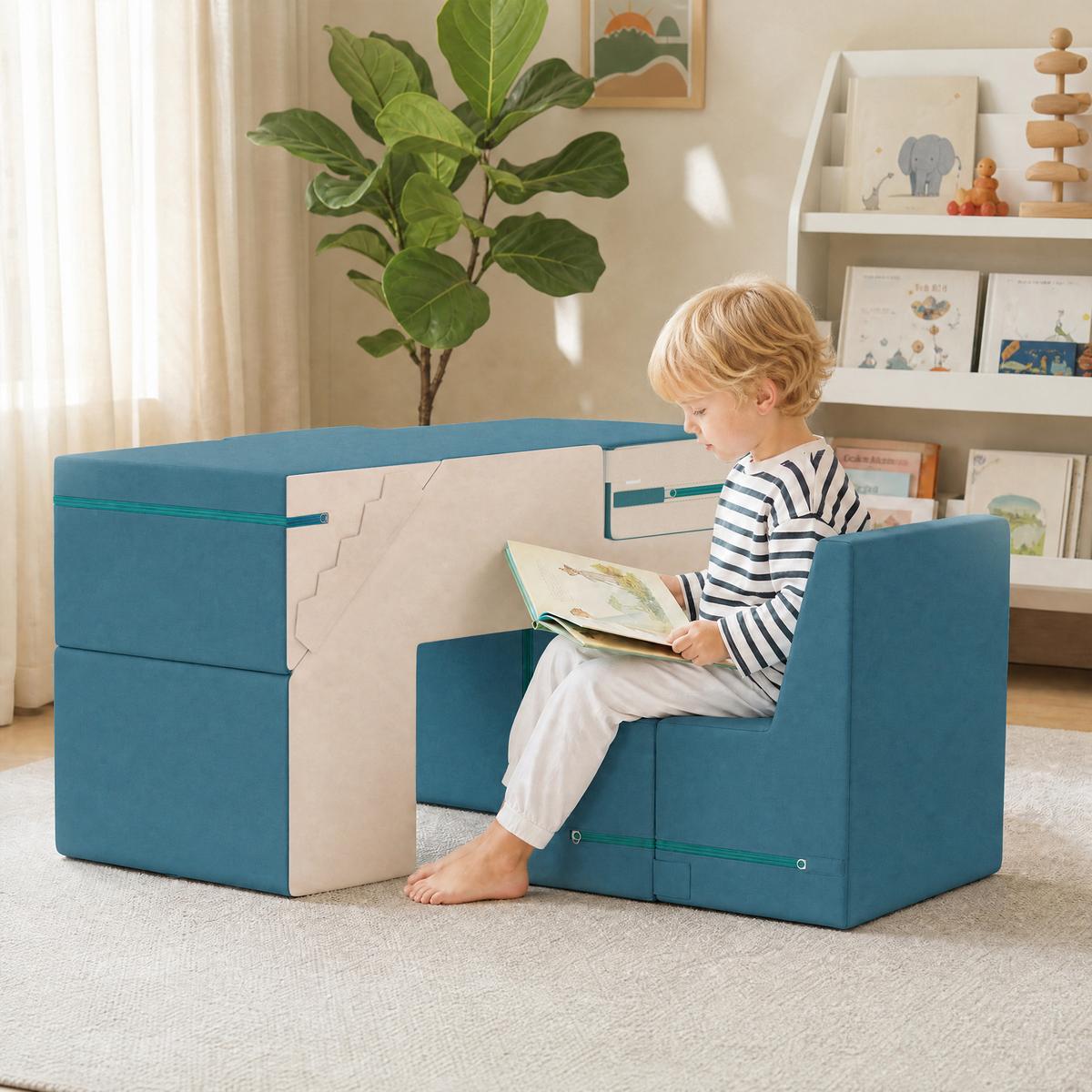 KINDER-SPIELSOFA 2er Set Samt Schaumstoff Blau - Dunkelblau, Textil (39/131cm) - AIYAPLAY