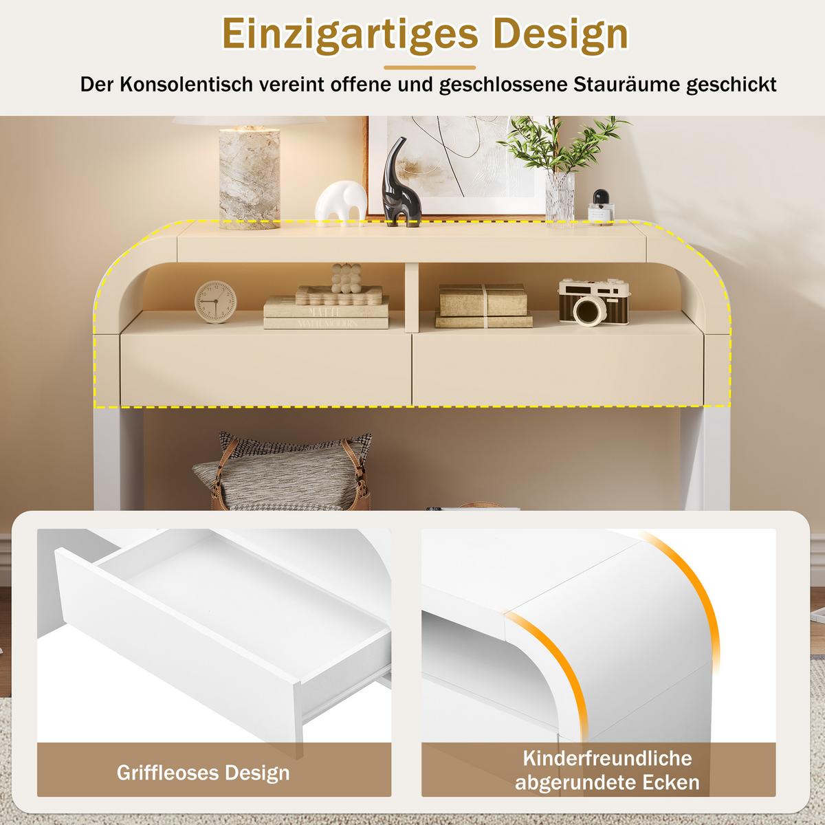 KONSOLENTISCH weiß mit 2 schubladen & abgerundeten kanten - Weiß, Holzwerkstoff (35.5/120/76.5cm) - Urban Meuble