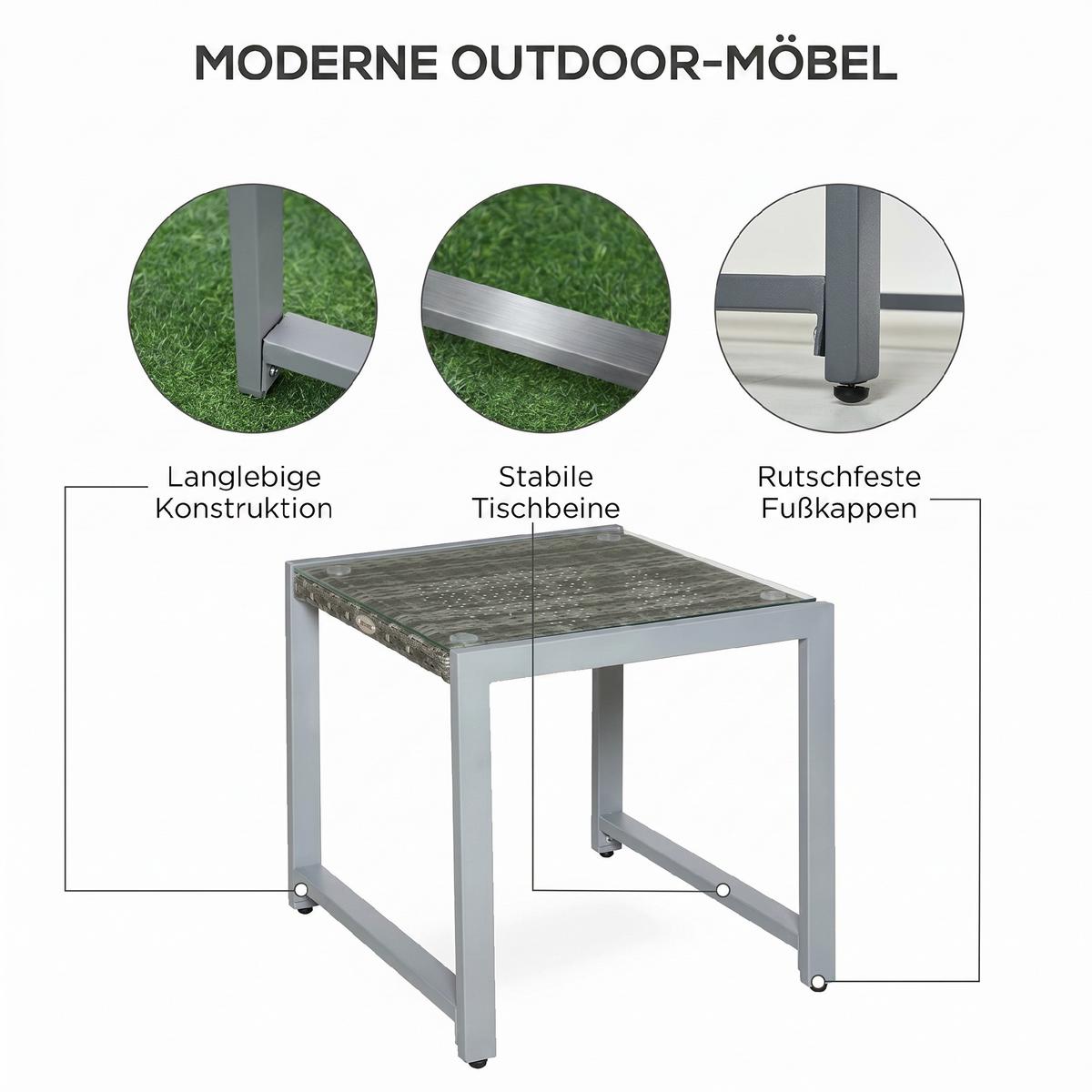 CARTENTISCH, Grau, Polyrattan, Aluminium, Hartglas - Grau, Kunststoff (50/495/50cm) - Outsunny