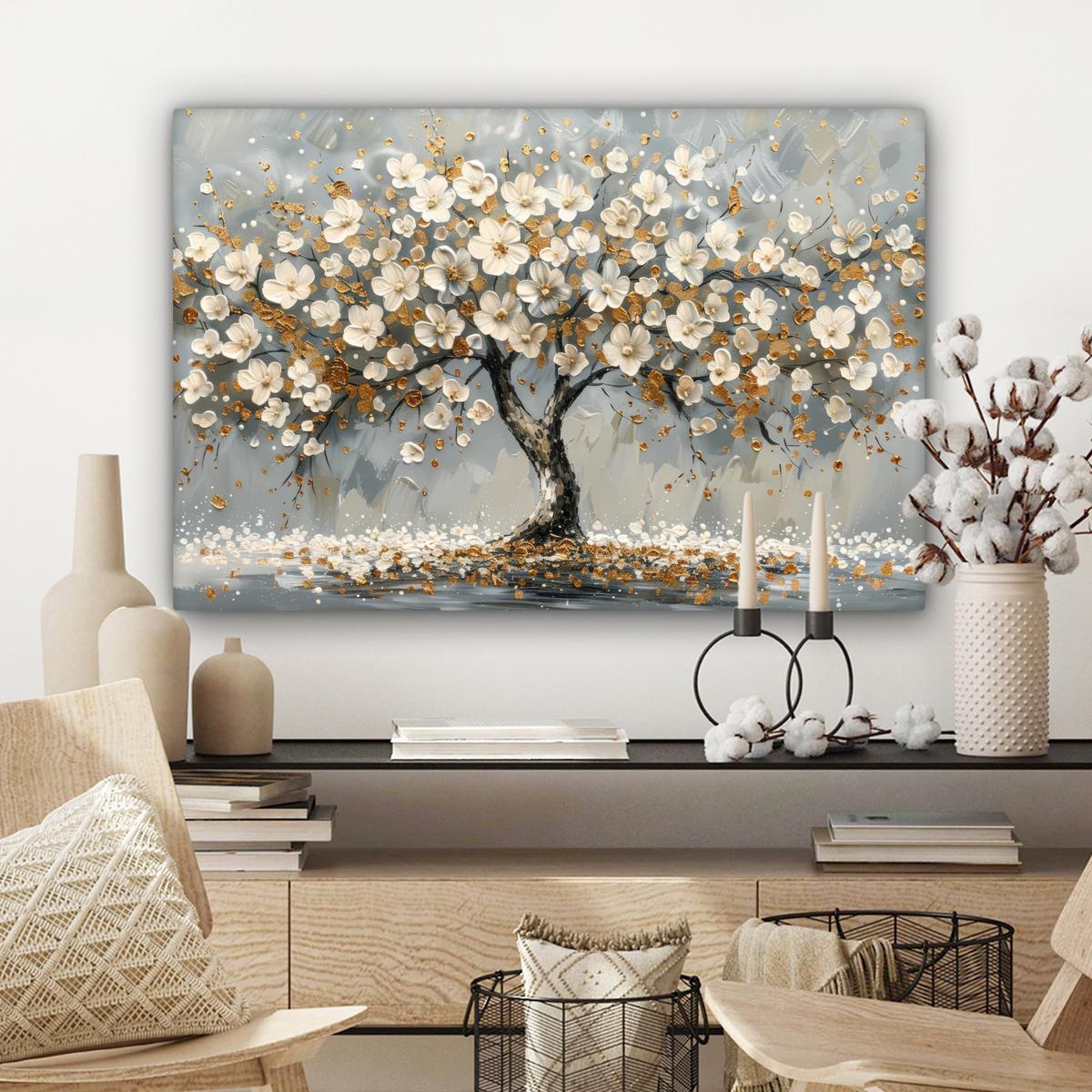 LEINWANDBILD Baum - Blumen - Weiß - Natur - Kunst Gemälde 60x40 cm - Weiß, Textil (60/40cm) - MuchoWow