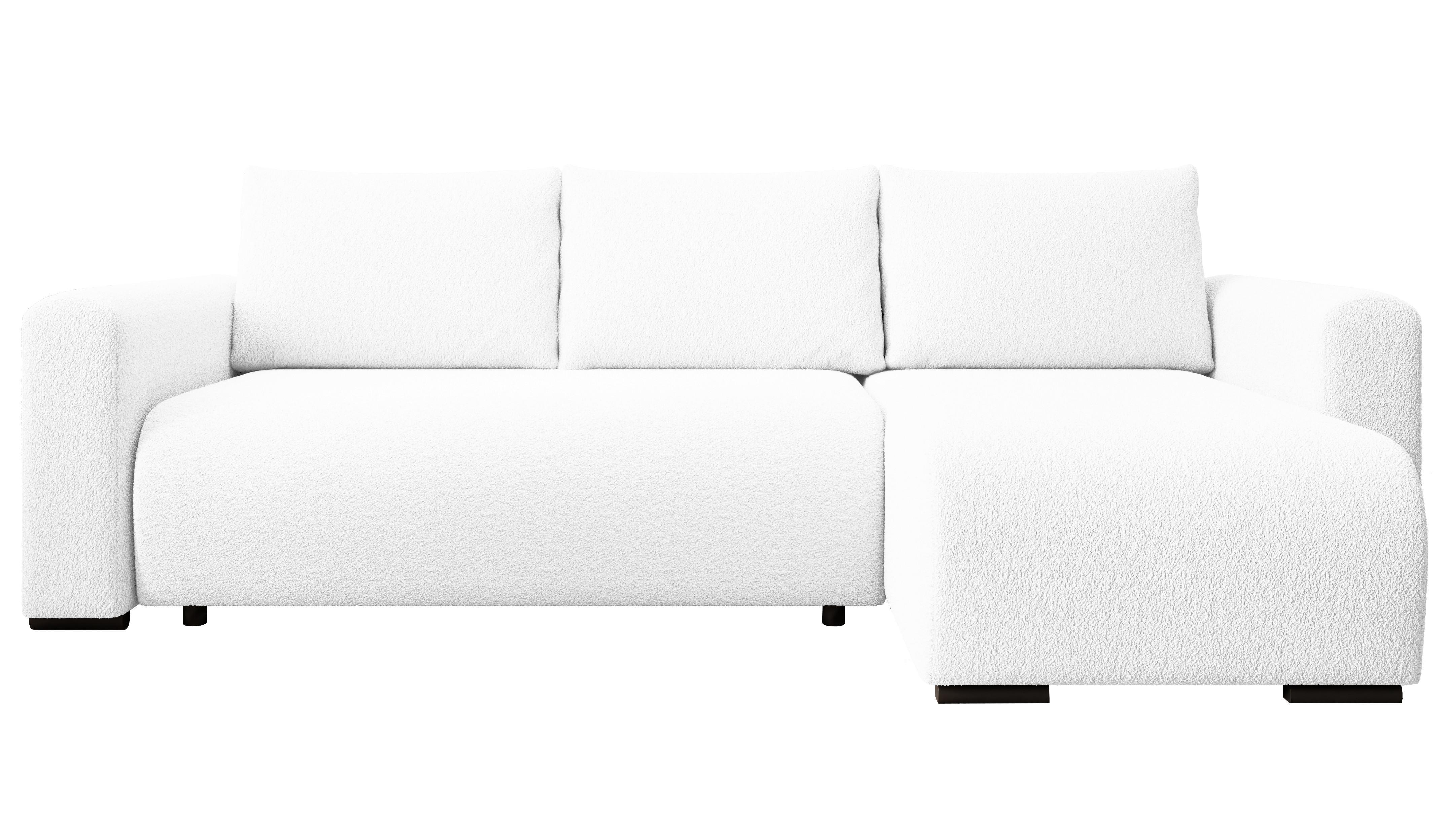 ECKSOFA DORA L, Eckcouch in L-Form mit Schlaffunktion und Bettkasten, Farbe: Weiß, Bouclé-Stoff, Ottomane Rechts - Weiß, Textil (240/143cm) - Storez24