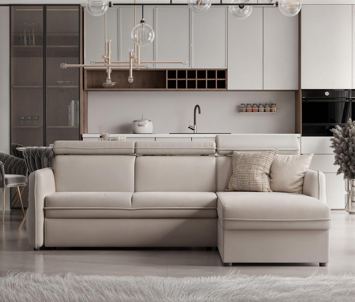 ECKSOFA BENI mit Schlaffunktion und Bettkasten, Stoff Creme - Creme, Kunststoff/Textil (220/160cm) - Idohome