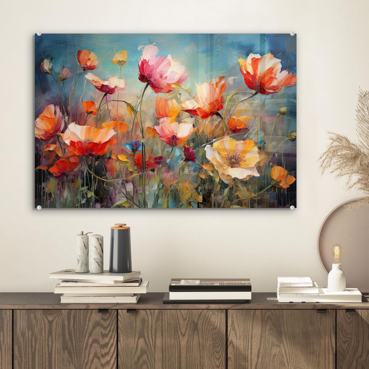 ACRYLGLASBILD Blumen - Aquarell - Kunst - Botanisch - Natur Wanddeko 60x40 cm - Orange, Glas (60/40cm) - MuchoWow