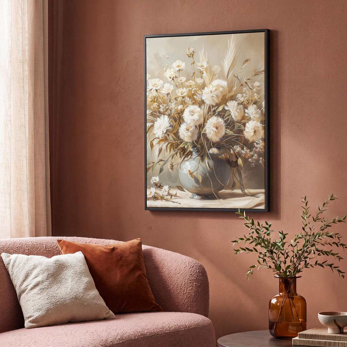 LEINWAND Bilder mit Rahmen - Blumen - Vase - Stilleben - Beige - 70x100 - Creme, Textil (70/100cm) - MuchoWow