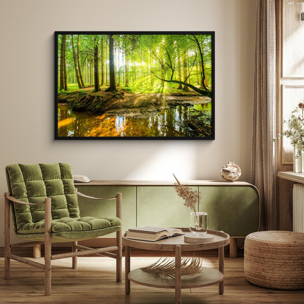 POSTER MIT RAHMENGERAHMTES BILD Wald - Landschaft - Wasser - Bäume - Sonne - Grün - Natur 120x80 cm - Grün, Papier (120/80cm) - MuchoWow