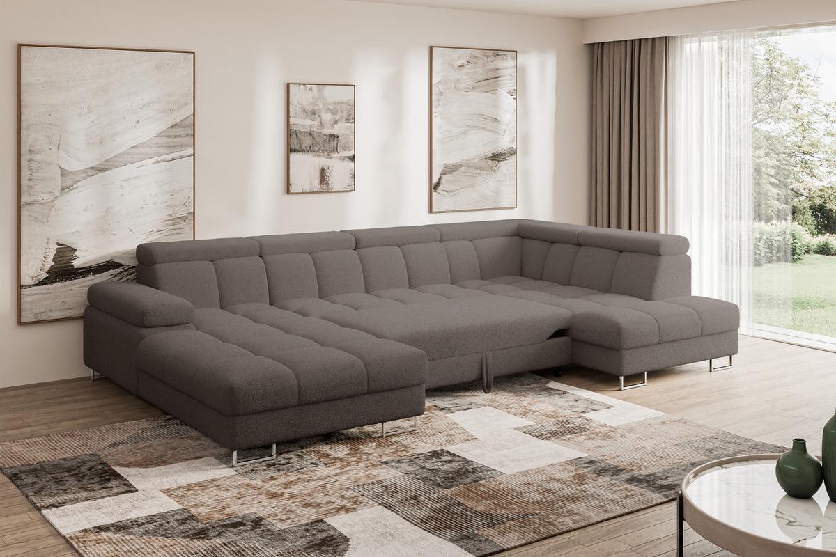 WOHNLANDSCHAFT mit Schlaffunktion und Bettkasten Ottomane RECHTS COMA U 345x203x79 Braun Bouclé - Dunkelbraun, Holzwerkstoff/Textil (203/79/345cm) - ALTDECOR