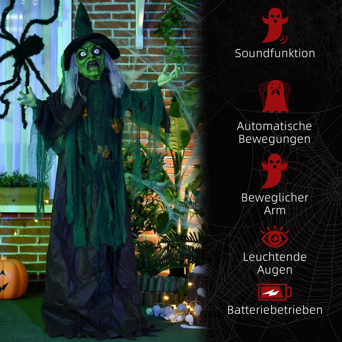 HALLOWEEN-HEXE 183cm Halloween Dekoration mit LED-Leuchte, Soundfunktion - Multicolor, Kunststoff (18/183/60cm) - HOMCOM