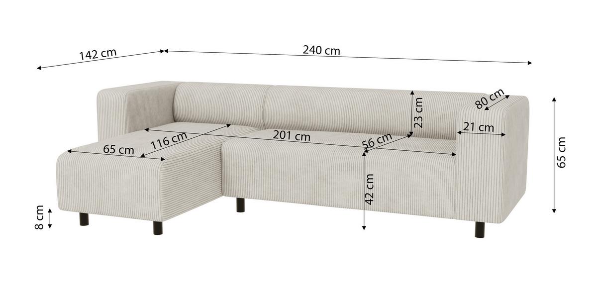 ECKSOFA Tove Beige Cord - Ottomane links - Beige/Schwarz, Holz/Kunststoff (240/142cm) - S-Style Möbel