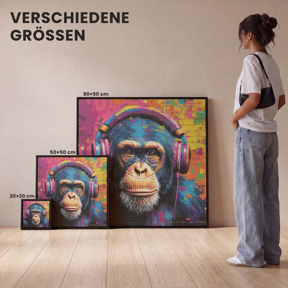 LEINWAND Bilder mit Rahmen - Graffiti - Schimpanse - Straßenkunst - Kopfhörer - Affe - 50x50 - Blau, Textil (50/50cm) - MuchoWow