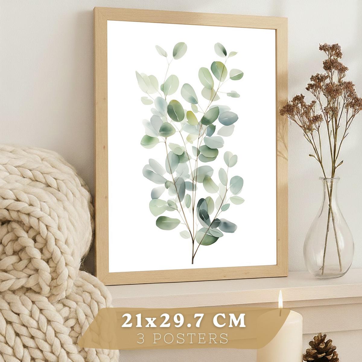 POSTER 3er Bilder-Set Wandbilder Botanisch Grün modern Wohnzimmer Deko, Schlafzimmer, Küche, Badezimmer Leichter Holzrahmen A4 - Beige, Papier (29.7/1/21cm) - Nacnic