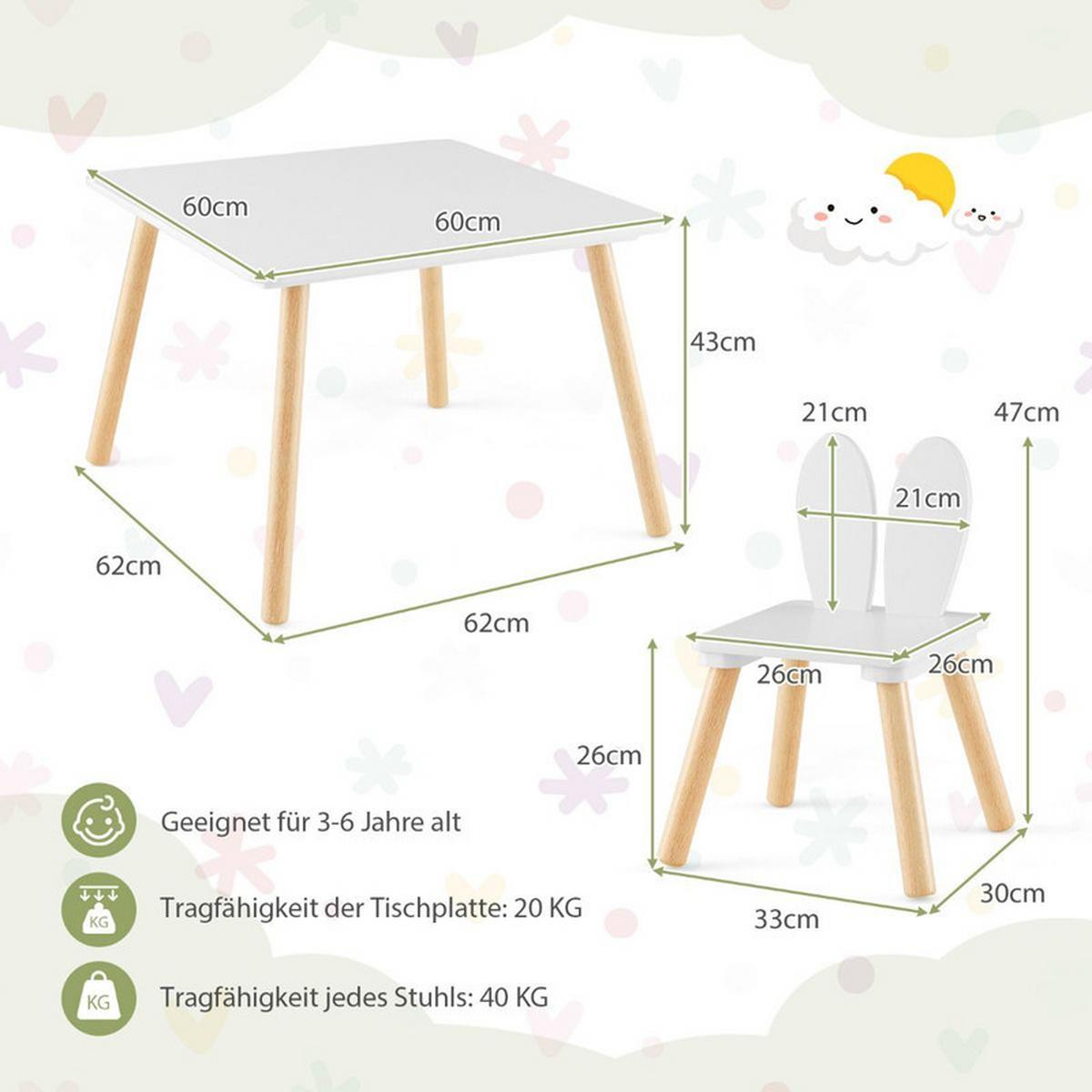KINDERTISCH mit 2 Stühlen weiß(3-tlg) - Weiß, Holzwerkstoff (62/43/62cm) - COSTWAY