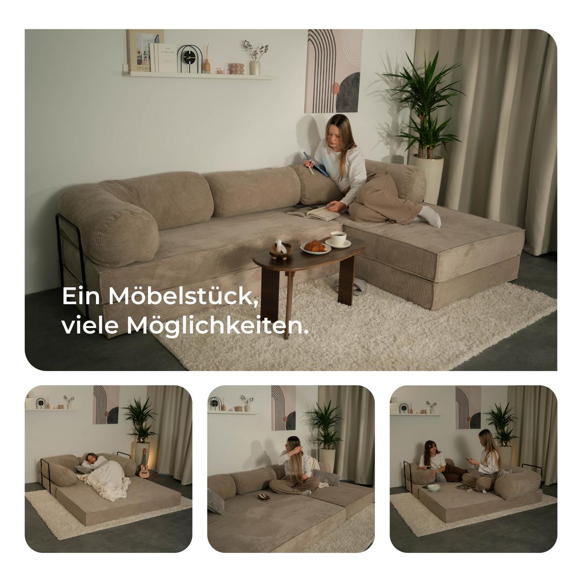 ECKSOFA ETERA modulares Boneless Sofa mit Schlaffunktion Beige Kordstoff - Beige, Textil (270/160cm) - MASSENO