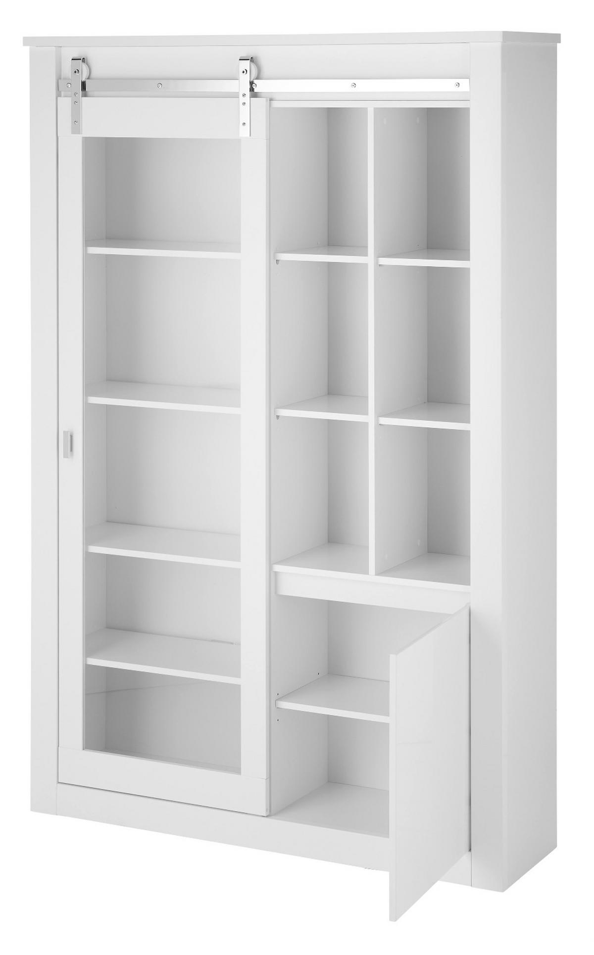 VITRINE weiß Hochglanz 133 x 201 cm, Vitrinenschrank inklusive LED-Beleuchtung, Soft-Close - Chromfarben/Weiß Hochglanz, Glas/Holzwerkstoff (133/153/38cm) - Furn.Design