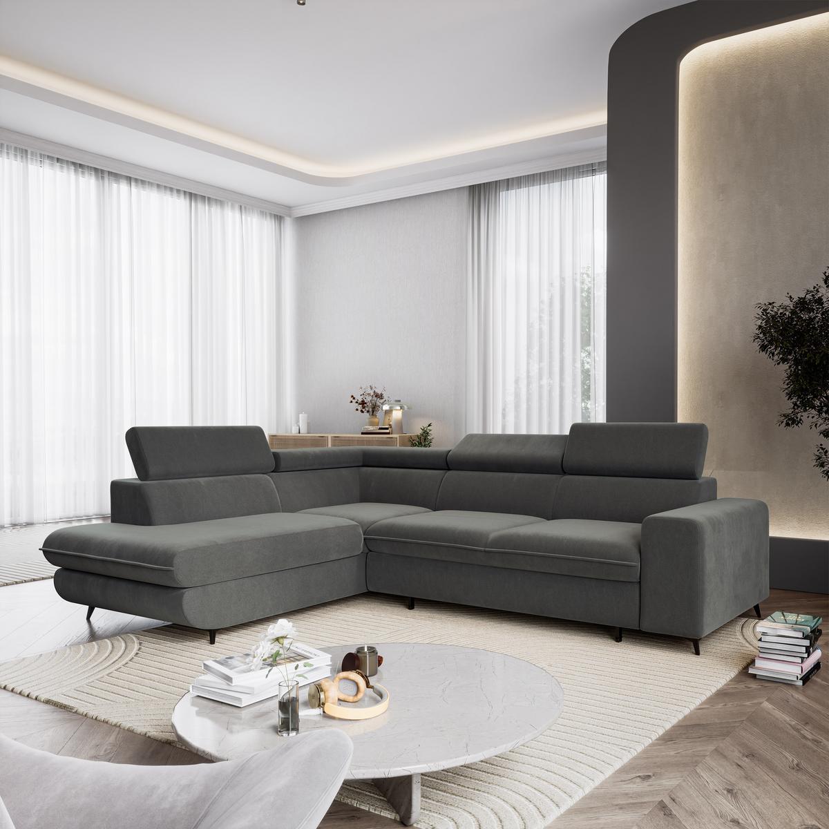 ECKSOFA VELISS Grau Veloursstoff mit Schlaffunktion - Grau, Holz (255/193cm) - MASSENO