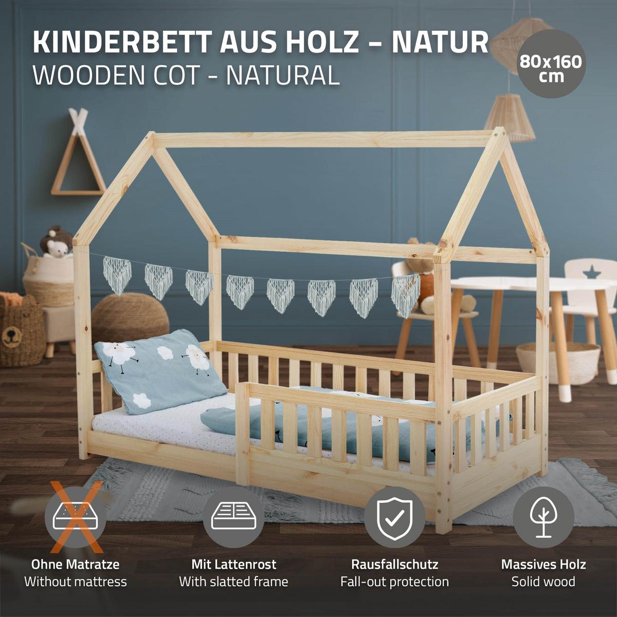 KINDERBETT mit Dach 80x160 cm Natur - Naturfarben, Holz (80/160cm) - ML-DESIGN