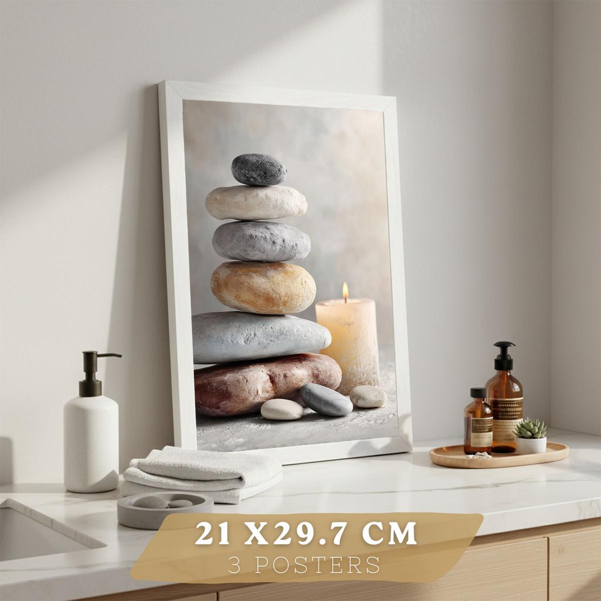 POSTER 3er-Set dekorative Badezimmer Kunstdrucke, Zen-Spa-Stil, minimalistische Bilder mit Steinen, Kerzen und Blumen, entspannende, Rahmenlos A4 - Klar, Papier (29.7/21/3cm) - Nacnic