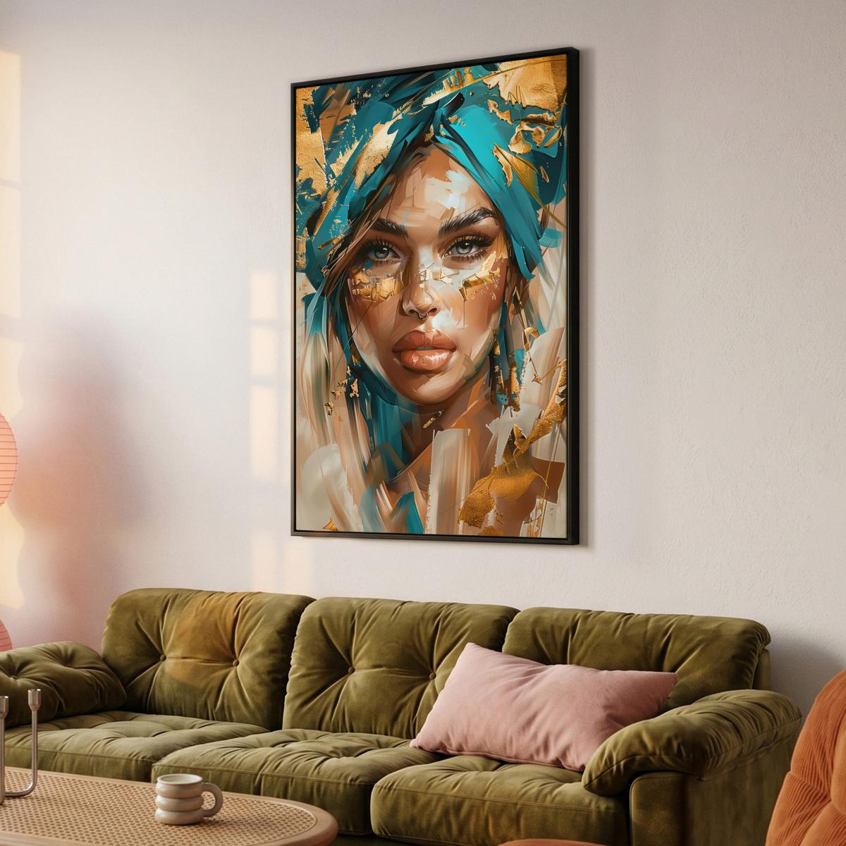 LEINWAND Bilder mit Rahmen - Frau - Porträt - Gold - Luxus - Blau - 80x120 - Türkis, Textil (80/120cm) - MuchoWow