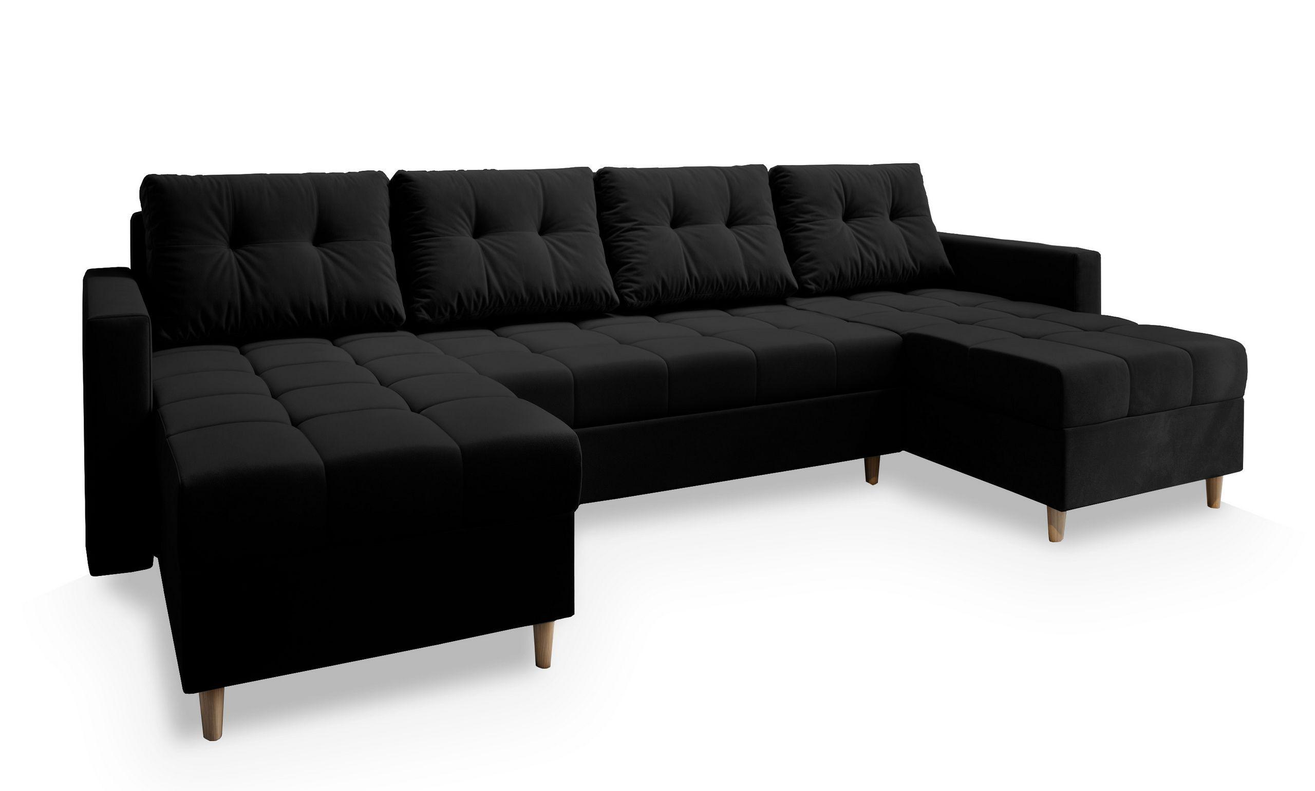 WOHNLANDSCHAFT MILO U Schwarz Plüsch-Stoff mit Schlaffunktion - Schwarz/Braun, Holz/Textil (285/91/140cm) - MASSENO