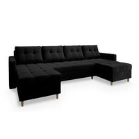 WOHNLANDSCHAFT MILO U Schwarz Plüsch-Stoff mit Schlaffunktion - Schwarz/Braun, Holz/Textil (285/91/140cm) - MASSENO