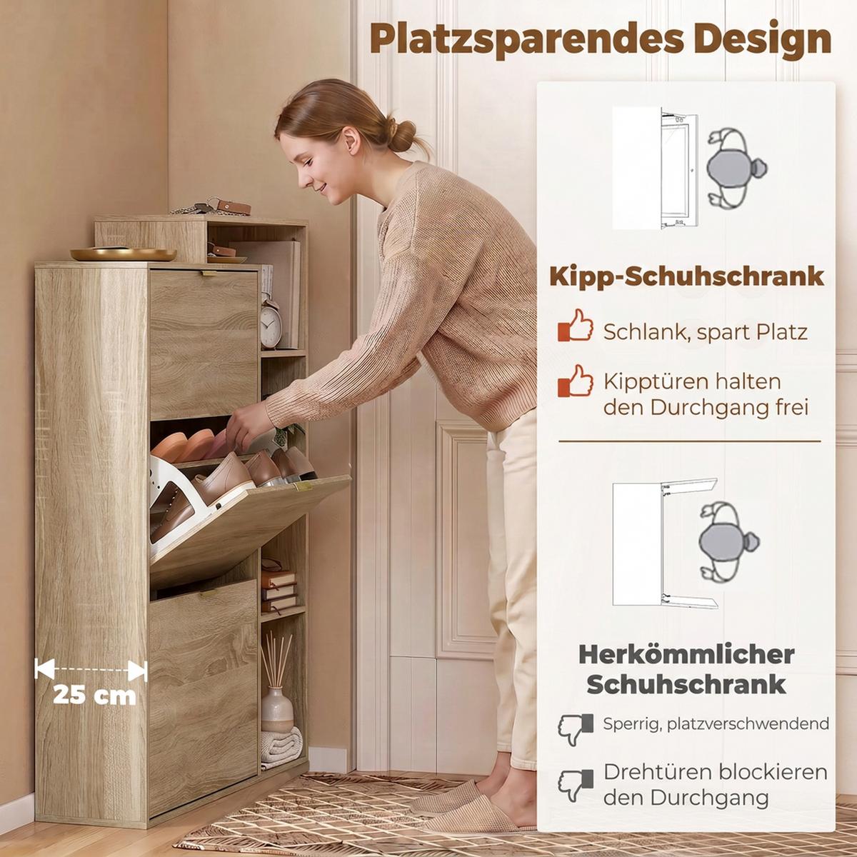 SCHUHSCHRANK MDF Naturholz - Goldfarben/Naturfarben, Holzwerkstoff/Metall (25/123.8/80cm) - HOMCOM