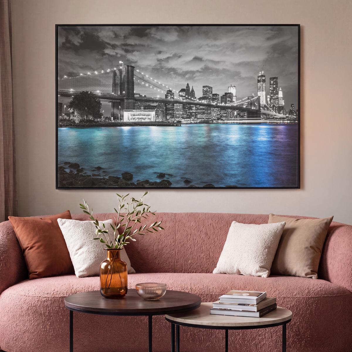 LEINWAND Bilder mit Rahmen - New York - Skyline - Stadt - Blau - 140x90 - Blaugrau, Textil (140/90cm) - MuchoWow