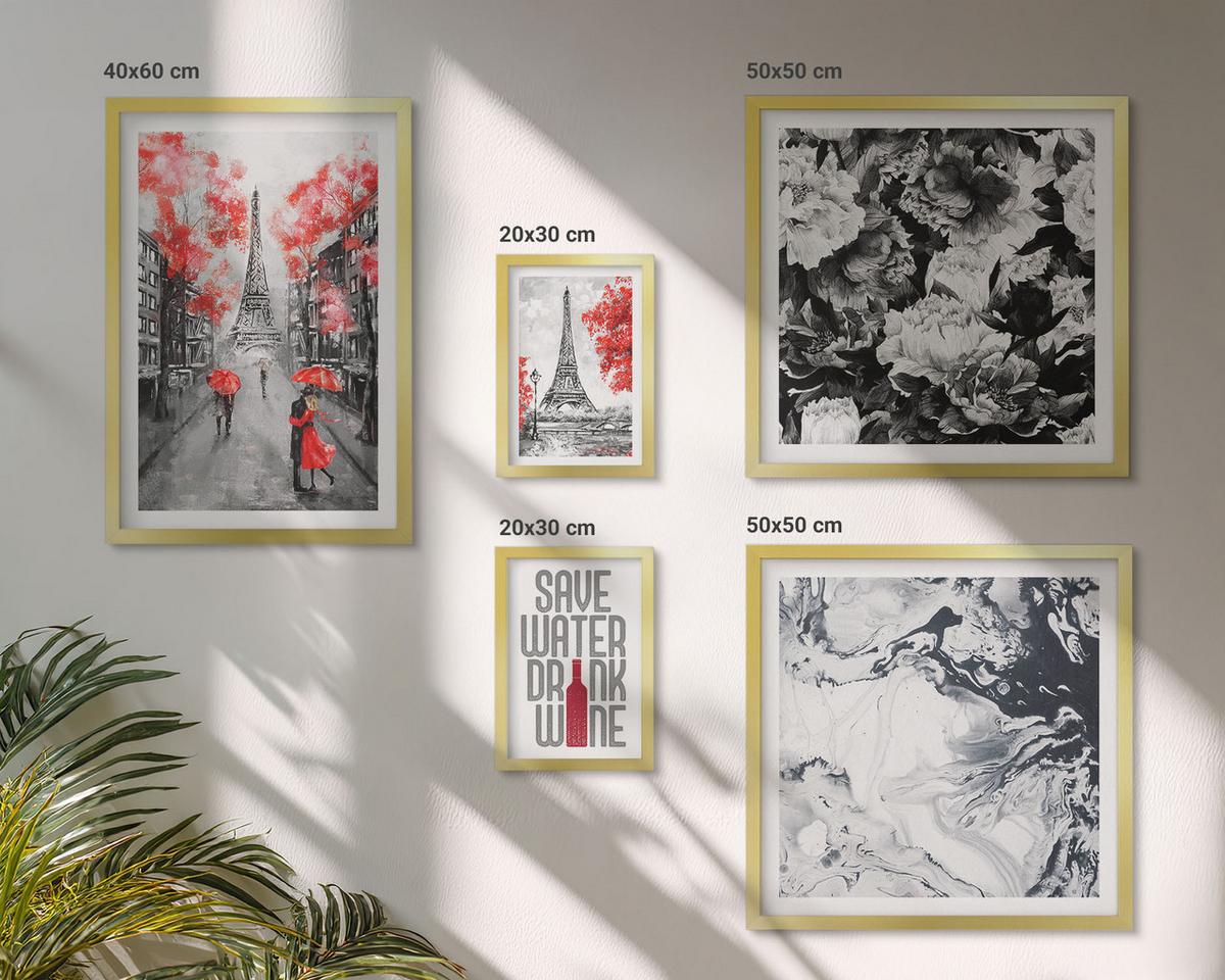 BILDER SET 5er Set - 50x50 cm & 20x30 cm & 40x60 cm Goldrahmen - graue Gemälde des Eiffelturms - Goldfarben, Kunststoff (40/60cm) - TULUP
