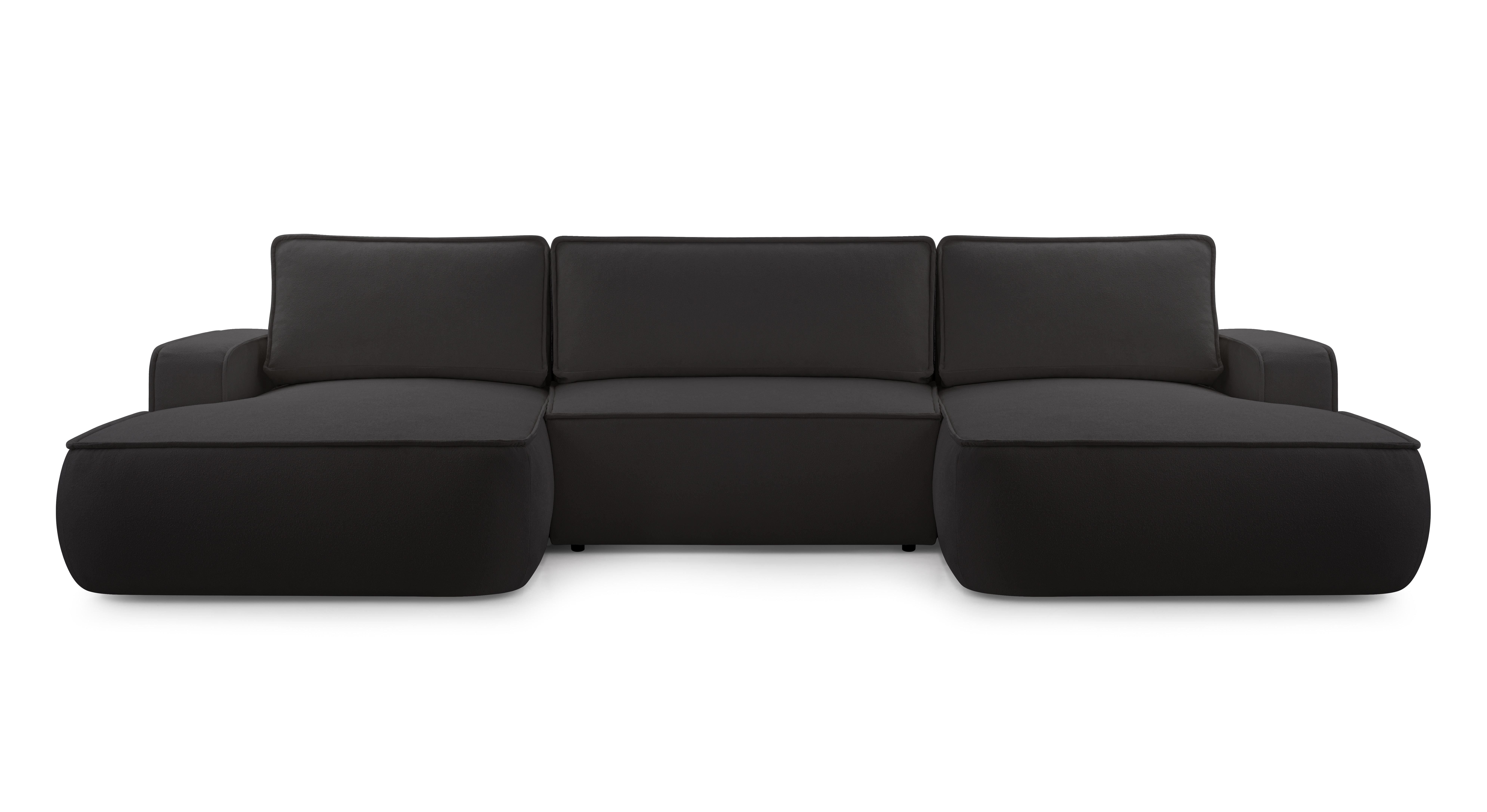 WOHNLANDSCHAFT SOLO Schwarz Boucle-Stoff mit Schlaffunktion - Schwarz, Holz (364/87/168cm) - MASSENO