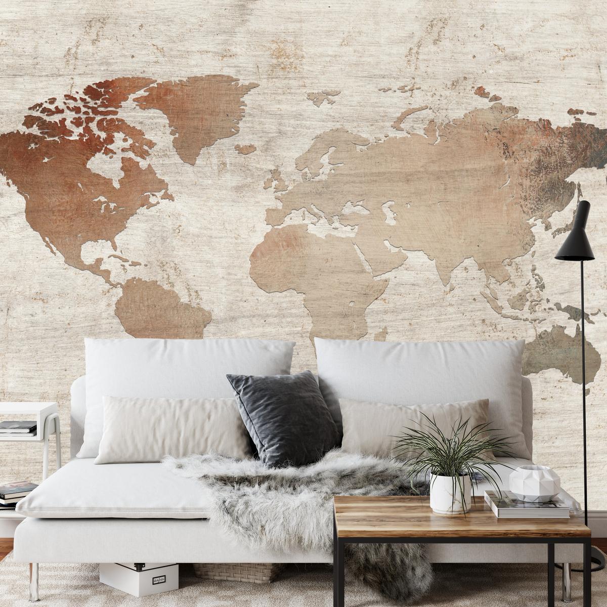 FOTOTAPETE für Wohnzimmer Vintage Karte Holz Hintergrund Retro 200x140 - Beige/Braun, Papier (200/140cm) - Muralo