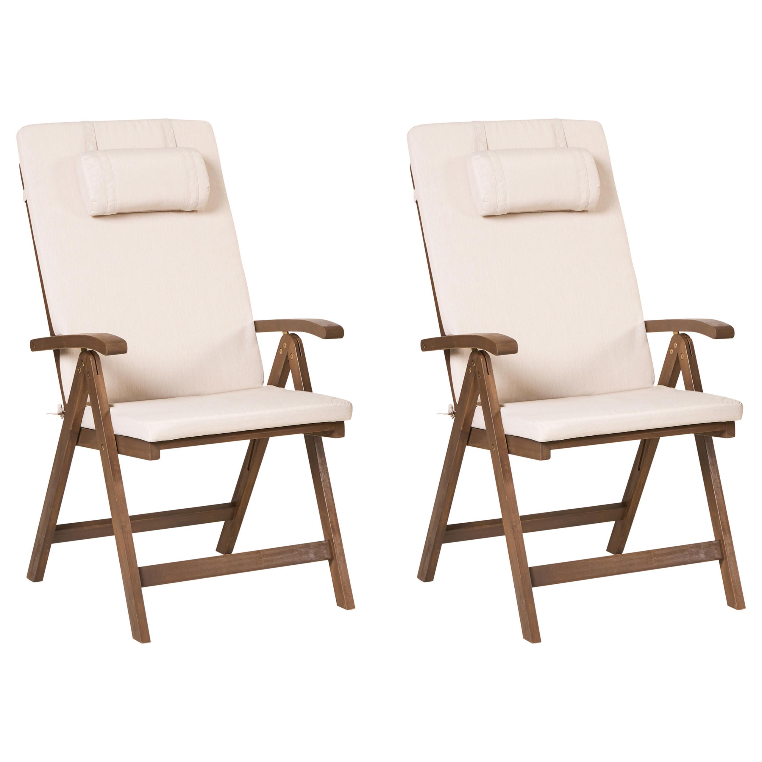 GARTENSTUHL 2er-Set Dunkelbraun/Hellbeige Amantea Premium - Dunkelbraun/Beige, Holz (54/105/69cm) - Beliani