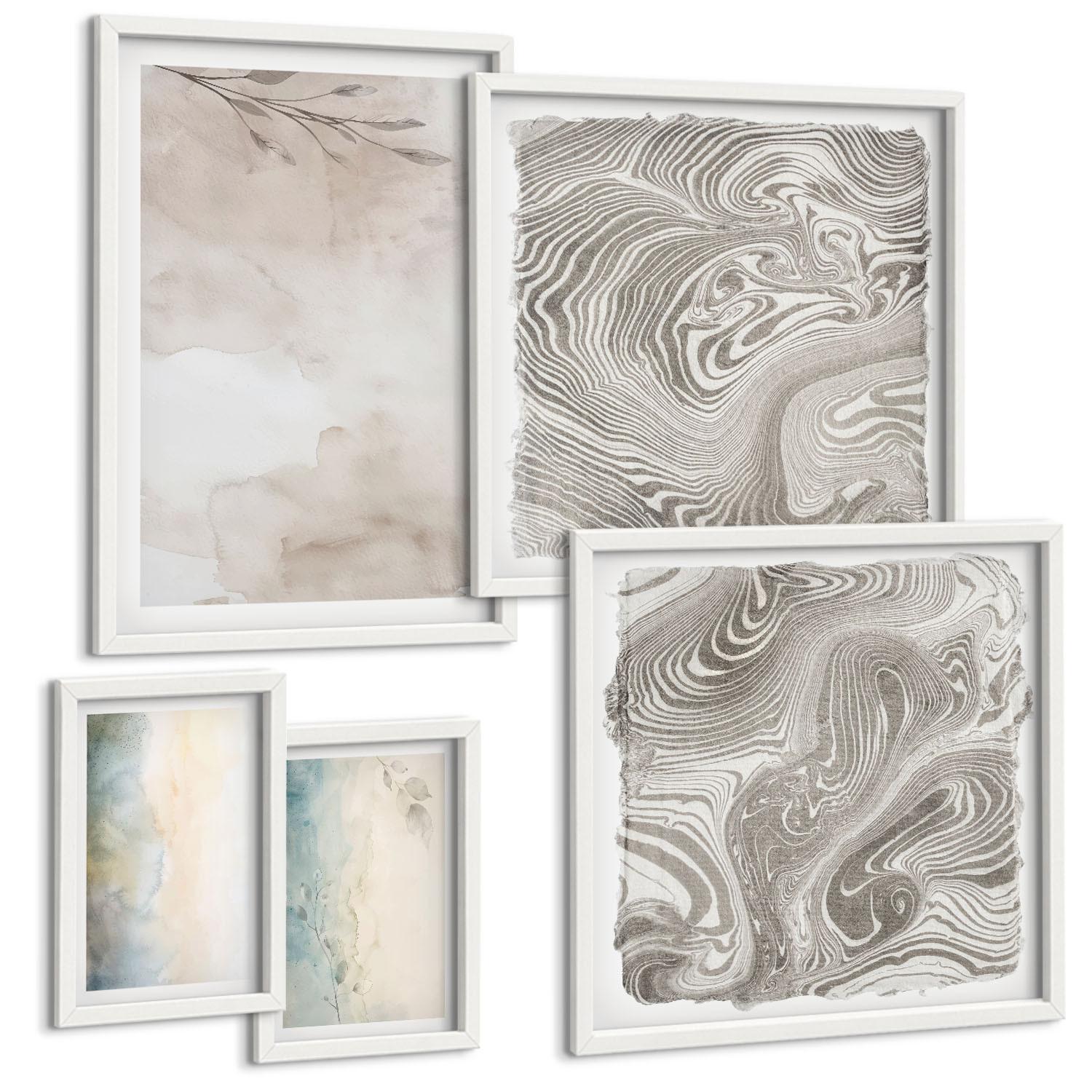 BILDER SET 5er Set - 50x50 cm & 20x30 cm & 40x60 cm Weißer Rahmen - Zarte Aquarellkartons - Weiß, Kunststoff (40/60cm) - TULUP