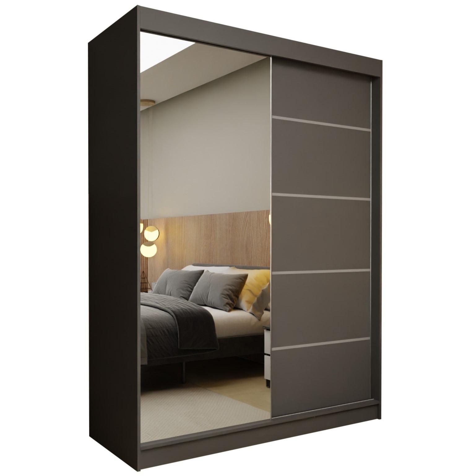 SCHWEBETÜRENSCHRANK MIRELLA 150/216/61 cm 2-türig mit Spiegel Grau - Grau, Holzwerkstoff (150/216/61cm) - MASSENO