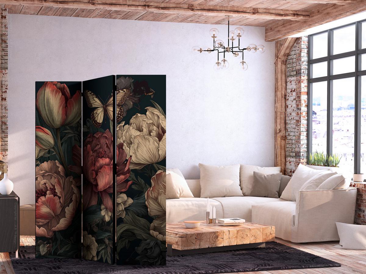 PARAVENT Beidseitig Bedruckter 3-tlg 135x172 cm Pfingstrosen im Boho - Multicolor, Holz/Textil (135/172/3cm) - Muralo