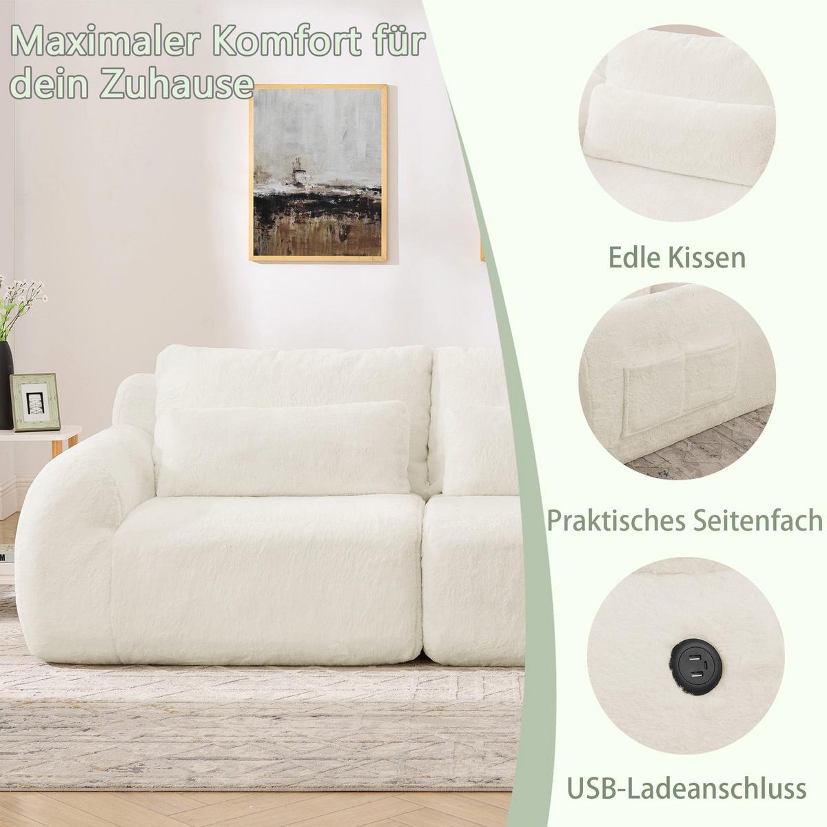 2-SITZER SOFA in Beige aus Kunstfell mit USB-Anschluss & Seitentasche - Beige, Textil (101/81/208cm) - Urban Meuble