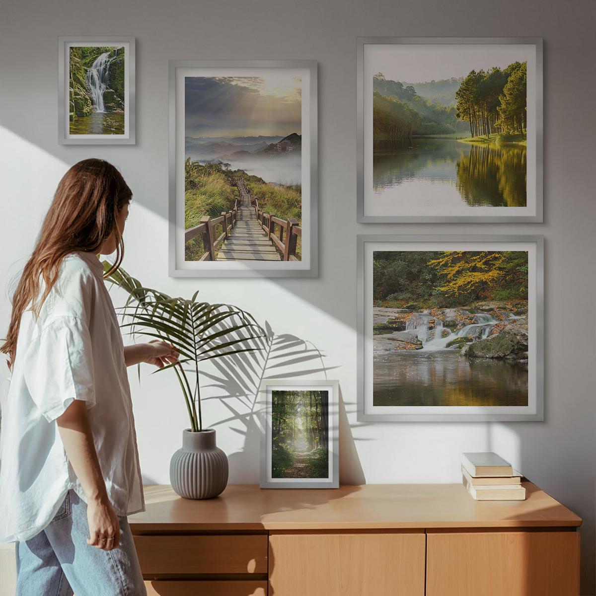 BILDER SET 5er Set - 50x50 cm & 20x30 cm & 40x60 cm Silberner Rahmen - Grüne Blätter von eleganten Sukkulenten - Silberfarben, Kunststoff (40/60cm) - TULUP