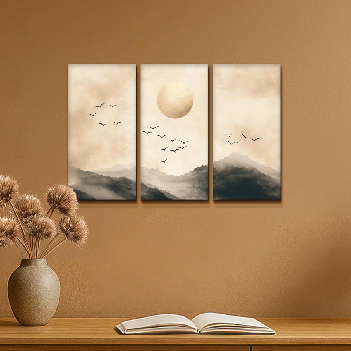 LEINWANDBILD 3er Set Landschaft - Japandi - Beige - Vögel 60x40 cm - Beige, Textil (60/40cm) - MuchoWow