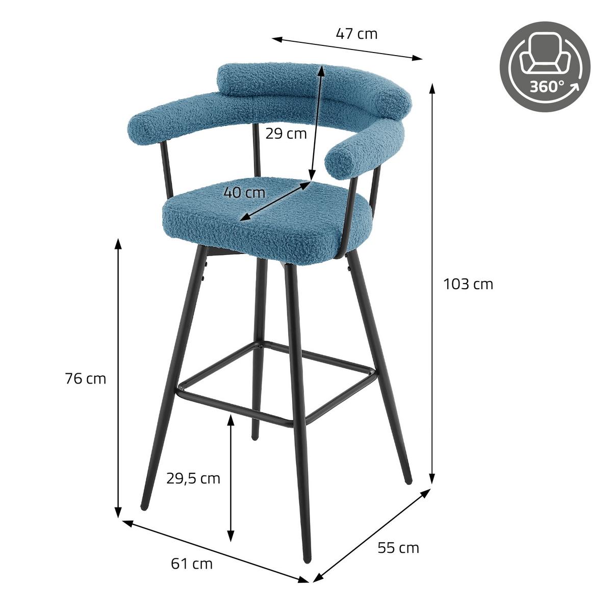BARHOCKER 2er Set drehbar Blau mit Teddy-Stoff 76 cm hoch - Blau/Schwarz, Textil/Metall (61/103/55cm) - ML-DESIGN