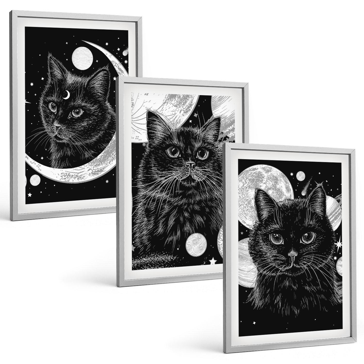 BILDER SET 3er Set - 40x60 cm Silberner Rahmen - Schwarze Katzen, Mond, Weltraum - Silberfarben, Kunststoff (40/60cm) - TULUP