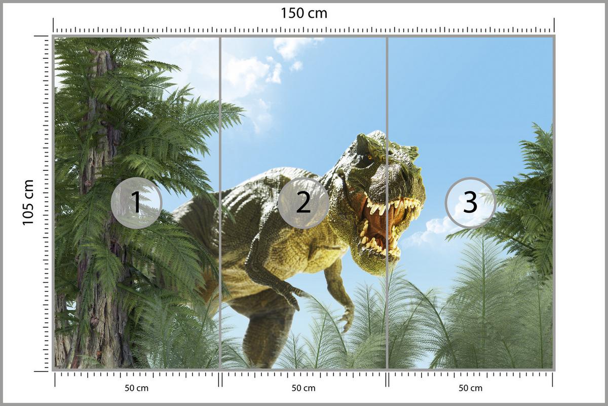 FOTOTAPETE für Jugendzimmer Riesen Dinosaurier Tropenwald Pflanzen 150x105 - Blau/Braun, Papier (150/105cm) - Muralo