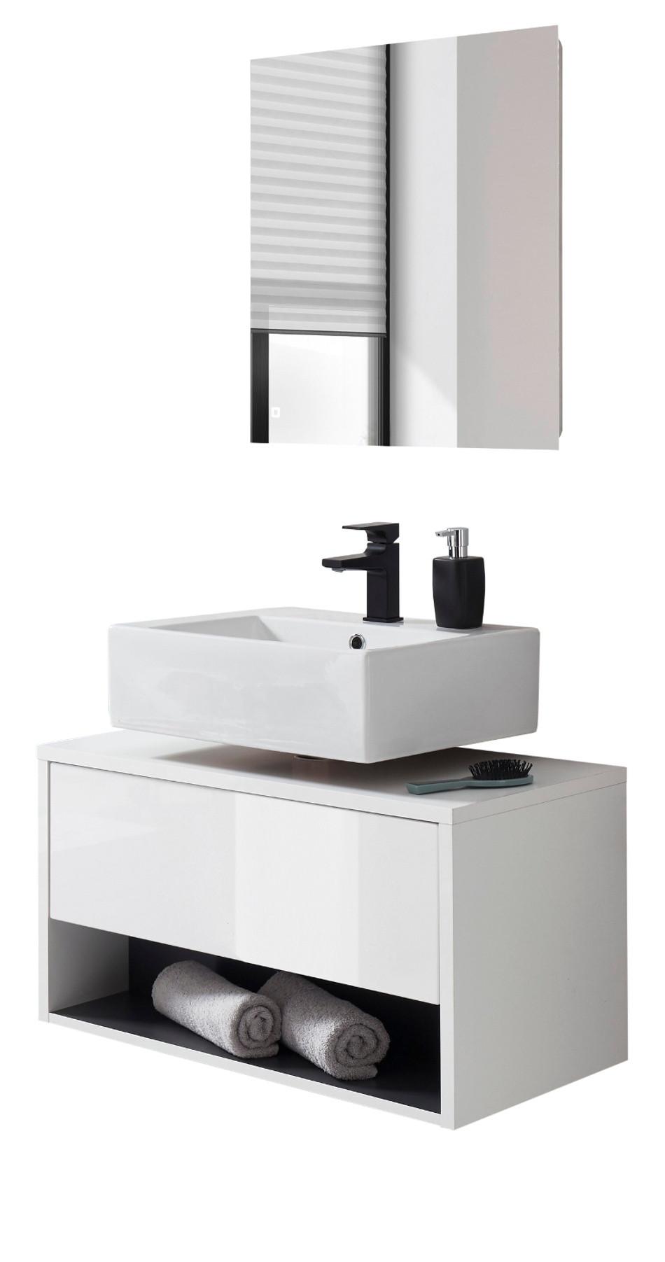 BADMÖBEL-SET 2-teilig weiß Hochglanz, grau mit LED Beleuchtung 80 cm - Weiß Hochglanz/Grau, Glas/Holzwerkstoff (80/190/46cm) - Furn.Design