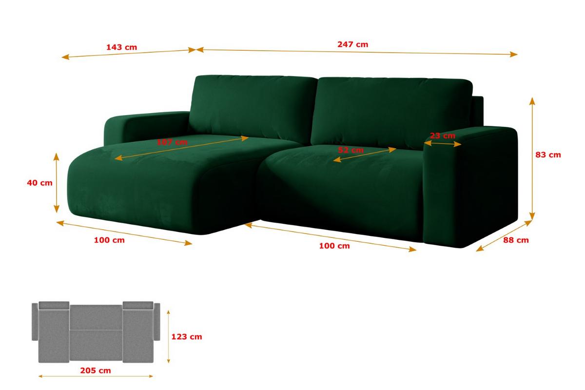ECKSOFA mit Schlaffunktion und Bettkasten KLEEA-L - 247x143x83 cm Grün Velours - Schwarz/Grün, Holzwerkstoff/Kunststoff (247/143cm) - ALTDECOR