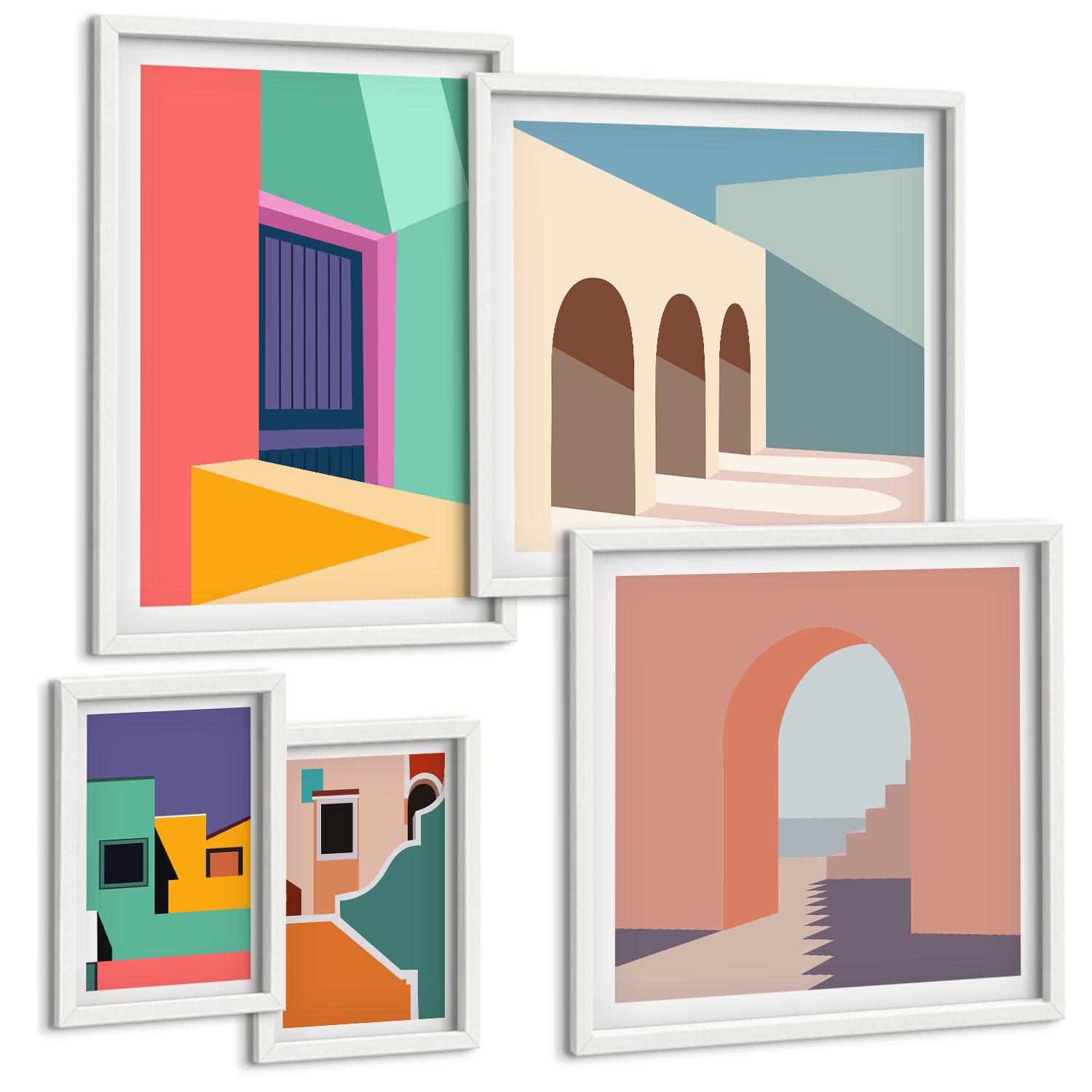 BILDER SET 5er Set - 50x50 cm & 20x30 cm & 40x60 cm Weißer Rahmen - Farbenfrohe Illustrationen der Stadt - Weiß, Kunststoff (40/60cm) - TULUP