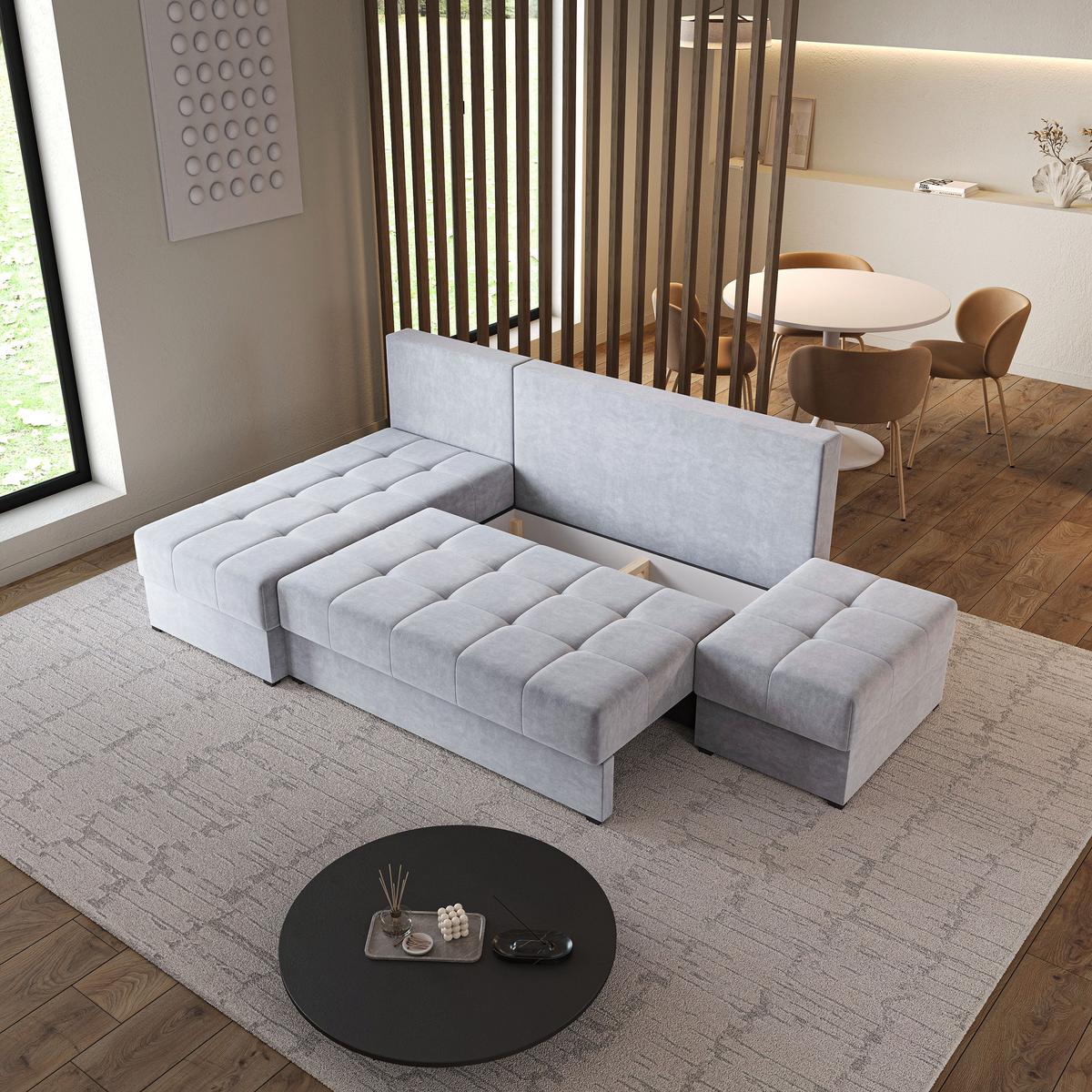 ECKSOFA NORVI Hellgrau Plüsch-Stoff mit Schlaffunktion - Hellgrau, Holz (251/143cm) - MASSENO