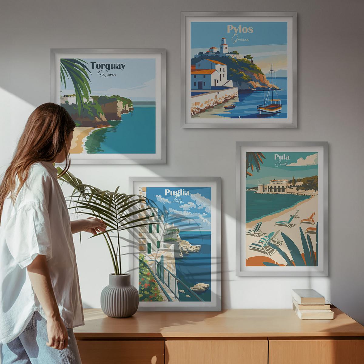 BILDER SET 4er Set - 50x50 cm & 40x60 cm Silberner Rahmen - Touristische Küstenlandschaften - Silberfarben, Kunststoff (50/50cm) - TULUP
