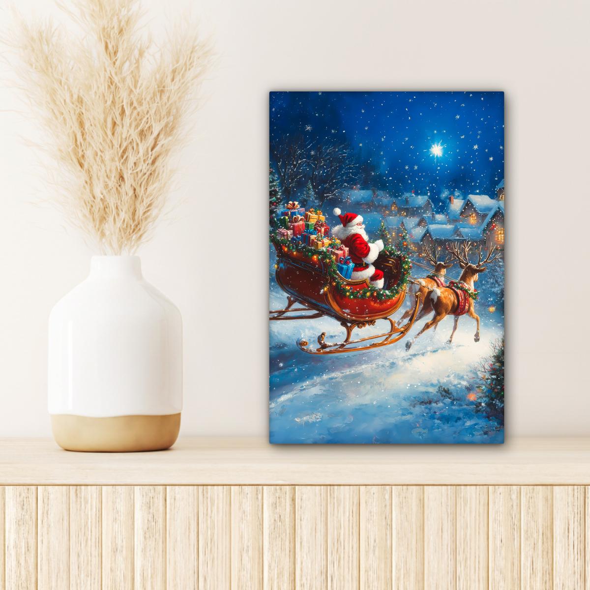 LEINWANDBILD Weihnachtsmann - Rentier - Weihnachten - Schnee Deko Wohnzimmer 20x30 cm - Cognac, Textil (20/30cm) - MuchoWow