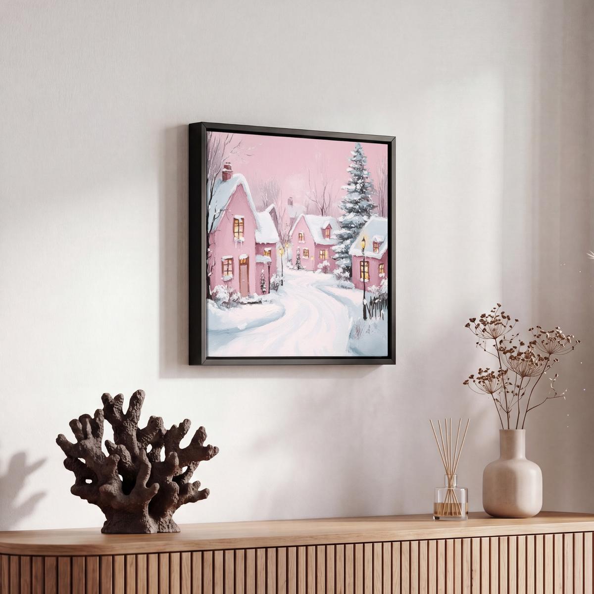 LEINWAND Bilder mit Rahmen - Weihnachtsdorf - Rosa - Winter - Schnee - Häuser - 20x20 - Altrosa, Textil (20/20cm) - MuchoWow