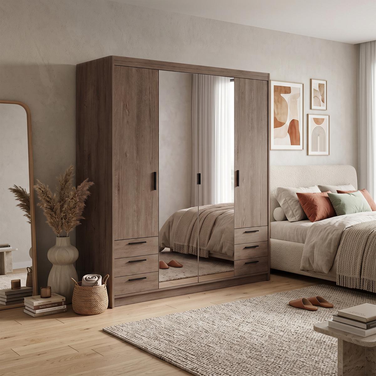 DREHTÜRENSCHRANK Elena mit 4 Türen, 6 Schubladen und Spiegel, 176 cm, Eiche Lefkas - Eichefarben, Holzwerkstoff (176/190/53cm) - Beautysofa