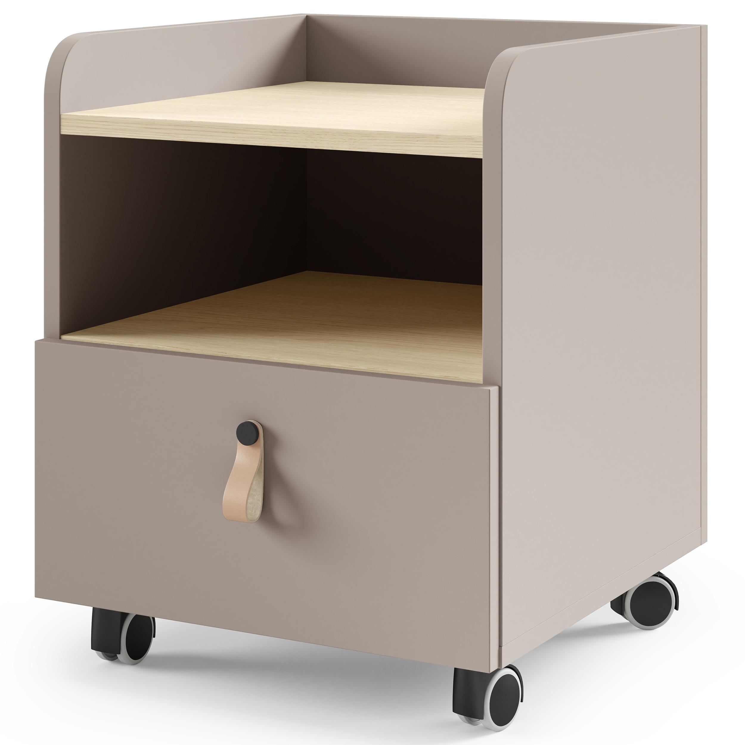NACHTTISCH Sorella auf Rollen, mit Schublade, für Jugendzimmer, Porcini + Eiche Mavelie - Eichefarben/Cappuccino, Leder/Holzwerkstoff (40/49/42cm) - Beautysofa