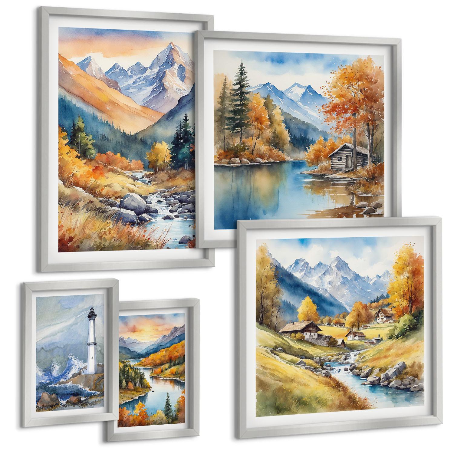 BILDER SET 5er Set - 50x50 cm & 20x30 cm & 40x60 cm Silberner Rahmen - Polnische Städte Ustka Tarnów Sopot - Silberfarben, Kunststoff (40/60cm) - TULUP