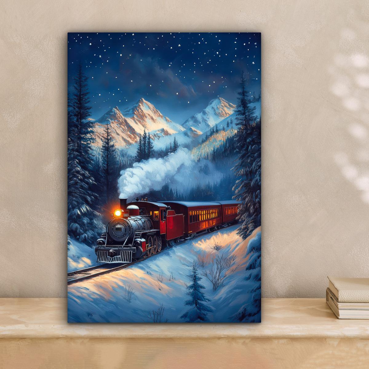 LEINWANDBILD Zug - Weihnachten - Schnee - Weihnachtszug Deko Wohnzimmer 20x30 cm - Anthrazit, Textil (20/30cm) - MuchoWow